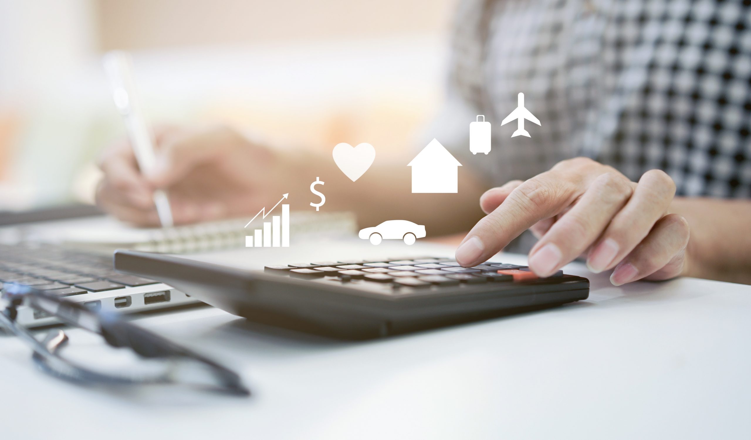 close up on mature woman pressing on calculator for making expense monthly and manage spending of life when retire such as home