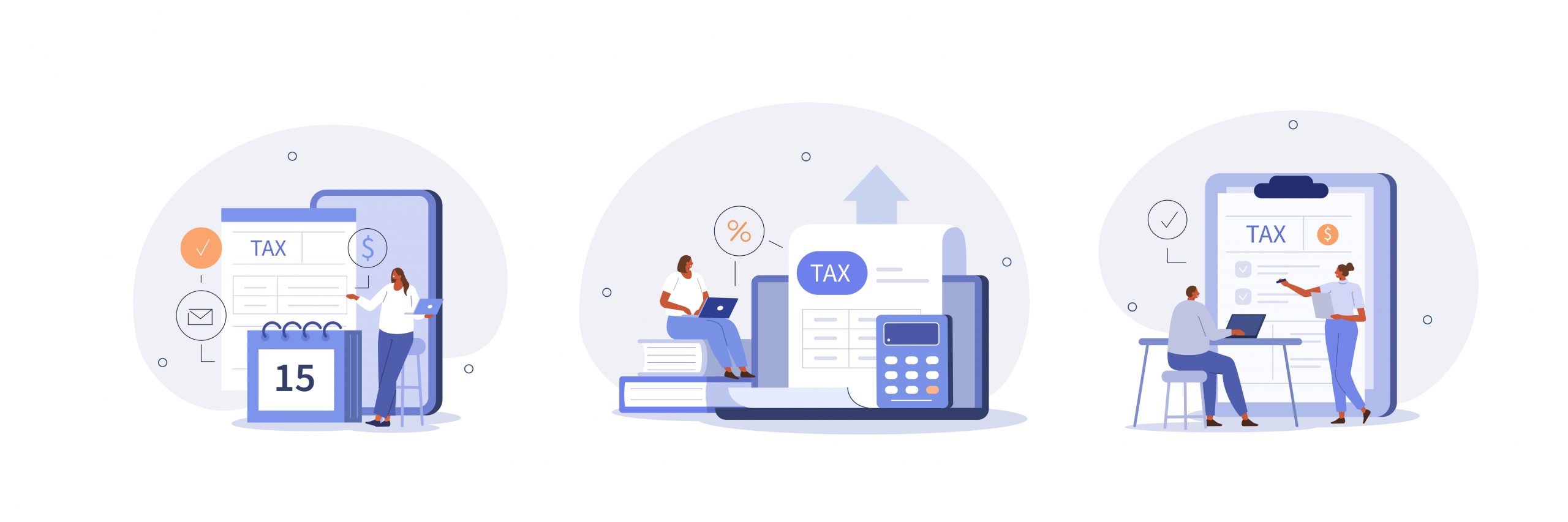 Characters using tax calendar to filling tax declaration form online and with financial advisor